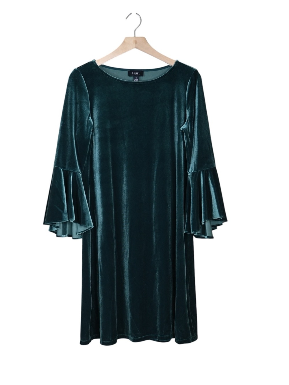 MSK Women's M Dark Green Velvet Bell Sleeve Lined Shift Dress